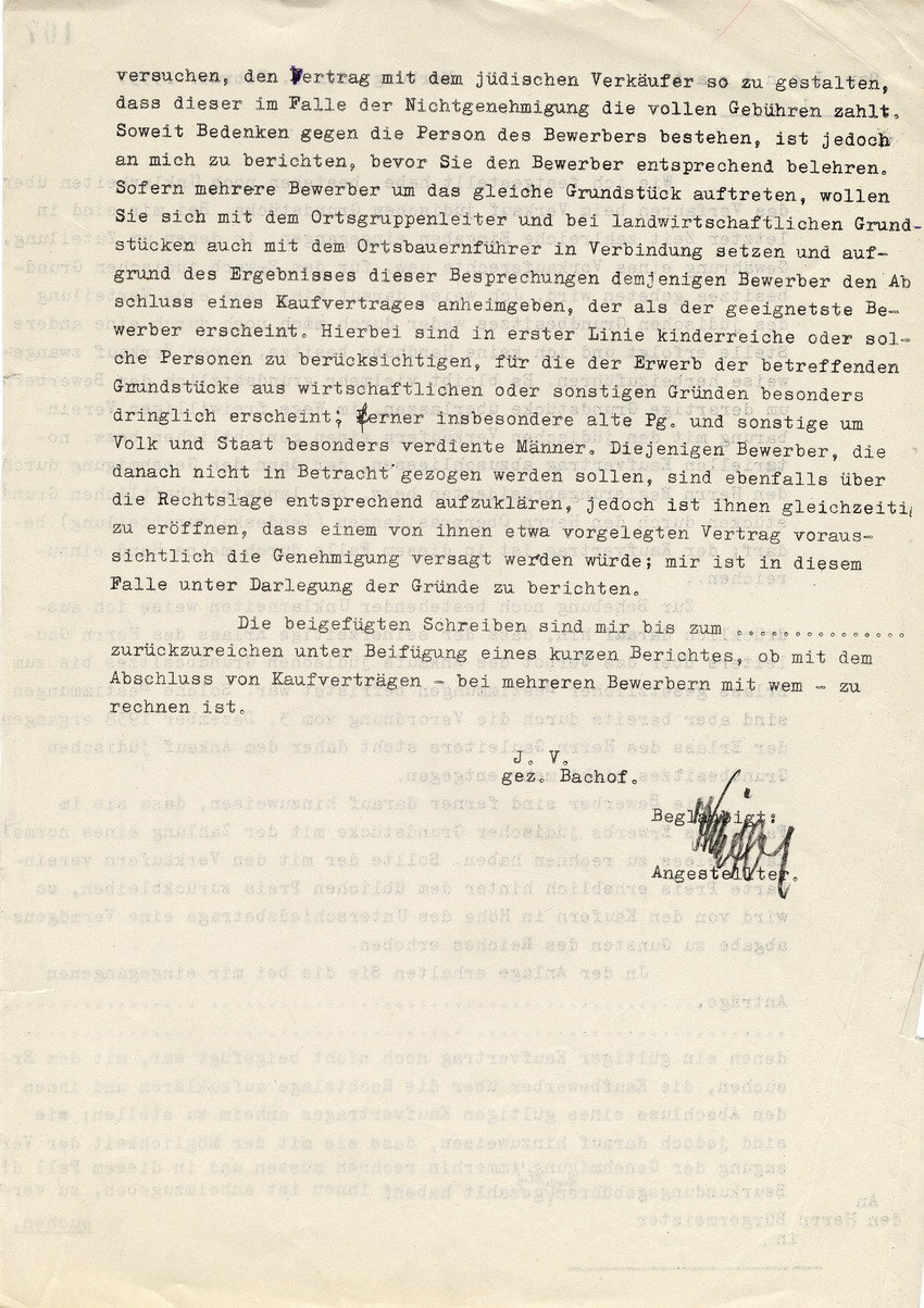 Der Landrat von Marburg an den Bürgermeister in Marburg betreffend das Verfahren beim Verkauf jüdischer Grundstücke, Marburg, 02. Februar 1939
