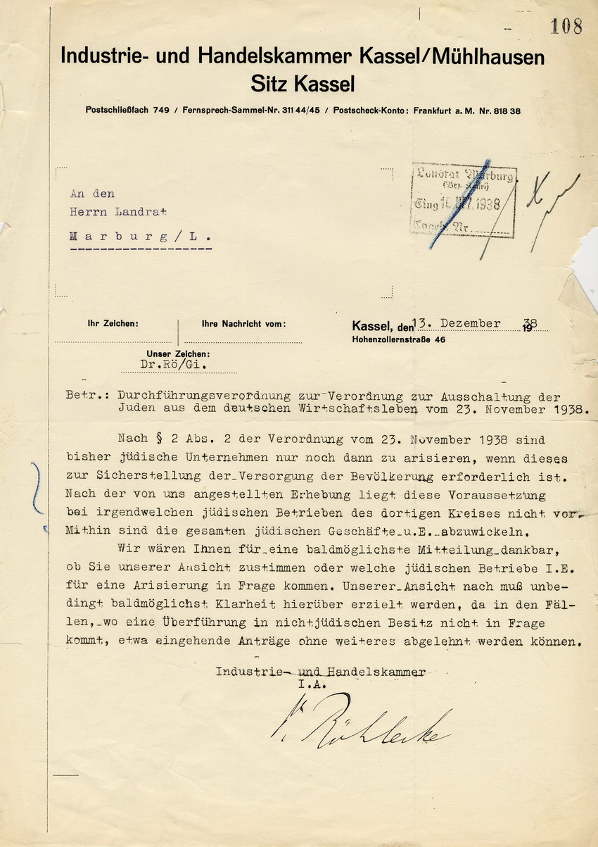 Die Industrie- und Handelskammer Kassel/Mühlhausen, Sitz Kassel, an den Marburger Landrat betreffend die Verordnung zur Ausschaltung der Juden aus dem deutschen Wirtschaftsleben, Kassel, 13. Dezember 1938