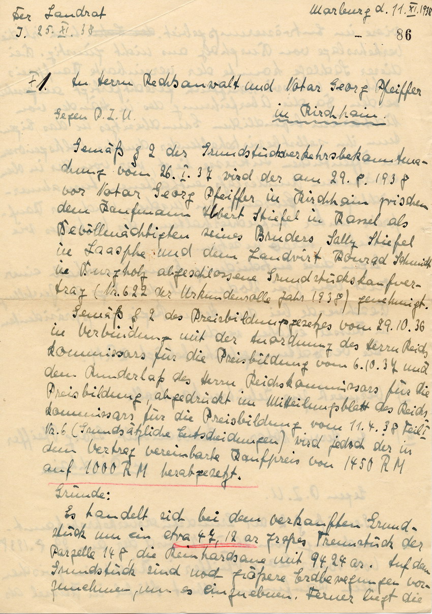 Schreiben des Landrates in Marburg an RA Pfeiffer betr. die Preisbestimmung beim Grundstücksverkauf des Juden Sally Stiefel, 11. November 1938.