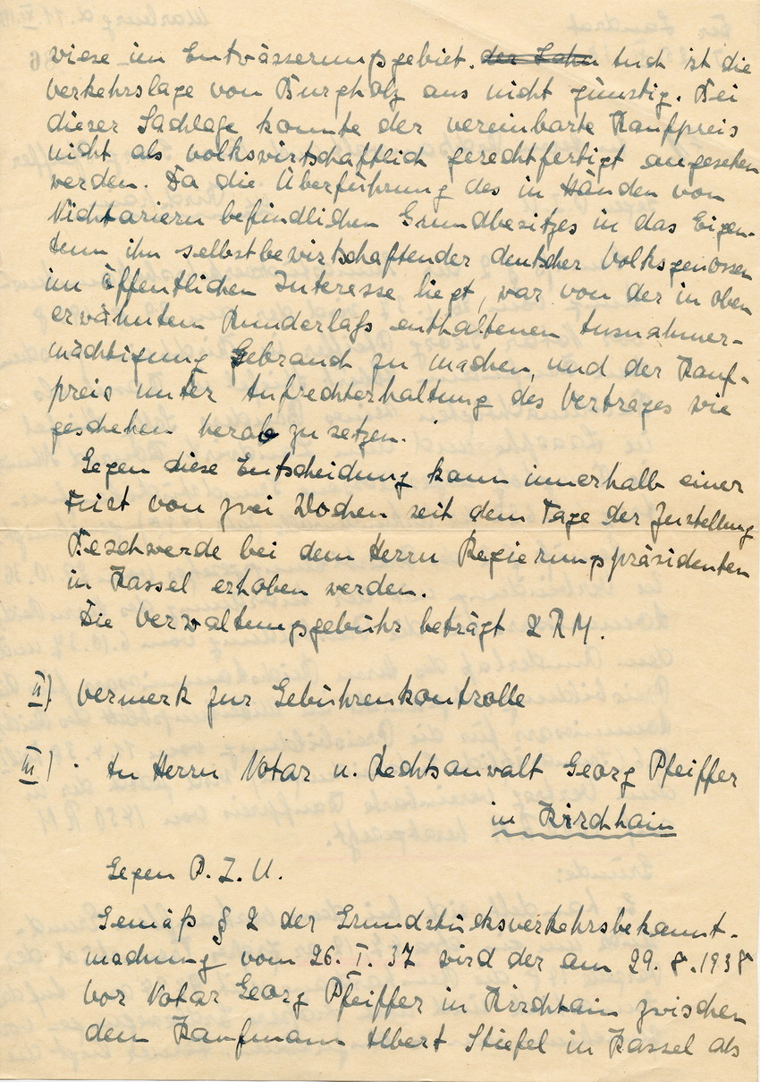 Schreiben des Landrates in Marburg an RA Pfeiffer betr. die Preisbestimmung beim Grundstücksverkauf des Juden Sally Stiefel, 11. November 1938.