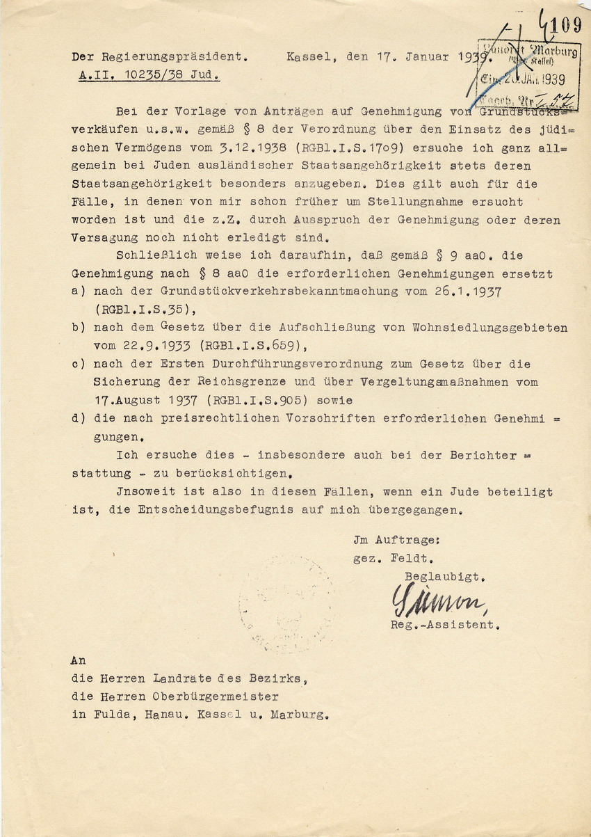 Der Regierungspräsident von Kassel an die Landräte des Bezirks und die Oberbürgermeister von Fulda, Hanau, Kassel und Marburg betreffend die Grundstücksverkäufe von Juden, Kassel, 17. Januar 1939