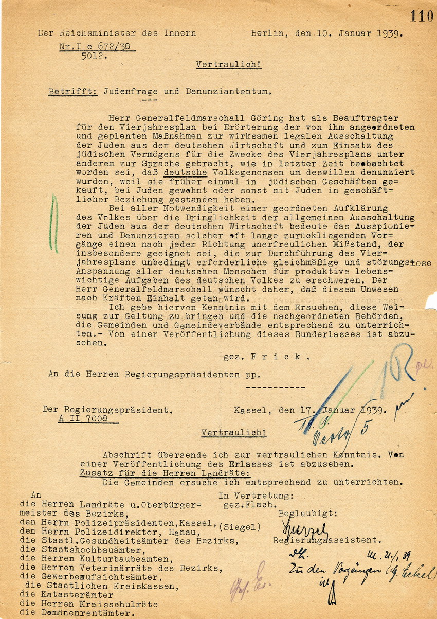 Der Reichsminister des Inneren, Berlin, an die Regierungspräsidenten betreffend die Judenfrage und Denunziantentum, Berlin, 10. Januar 1939