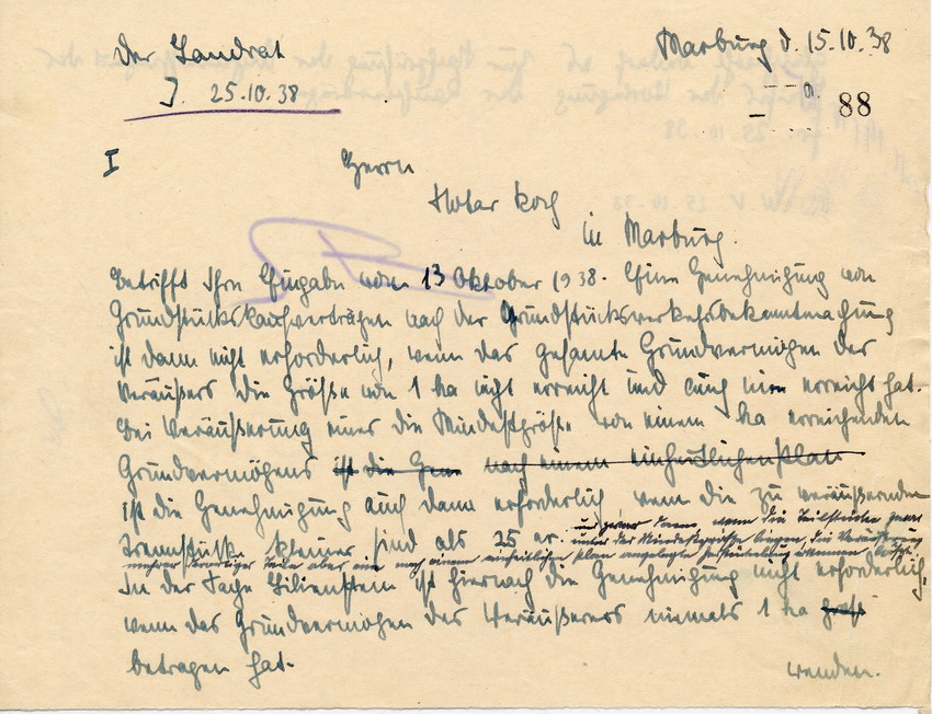 Antwortschreiben des Landrates in Marburg an Notar Koch betr. die Meldepflicht bei Grundstücksverkäufen aus jüdischer Hand, 15. Oktober 1938.