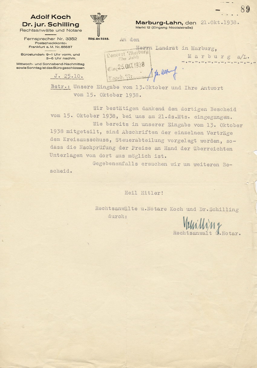Antwortschreiben des Landrates in Marburg an Notar Koch betr. die Meldepflicht bei Grundstücksverkäufen aus jüdischer Hand, 15. Oktober 1938.