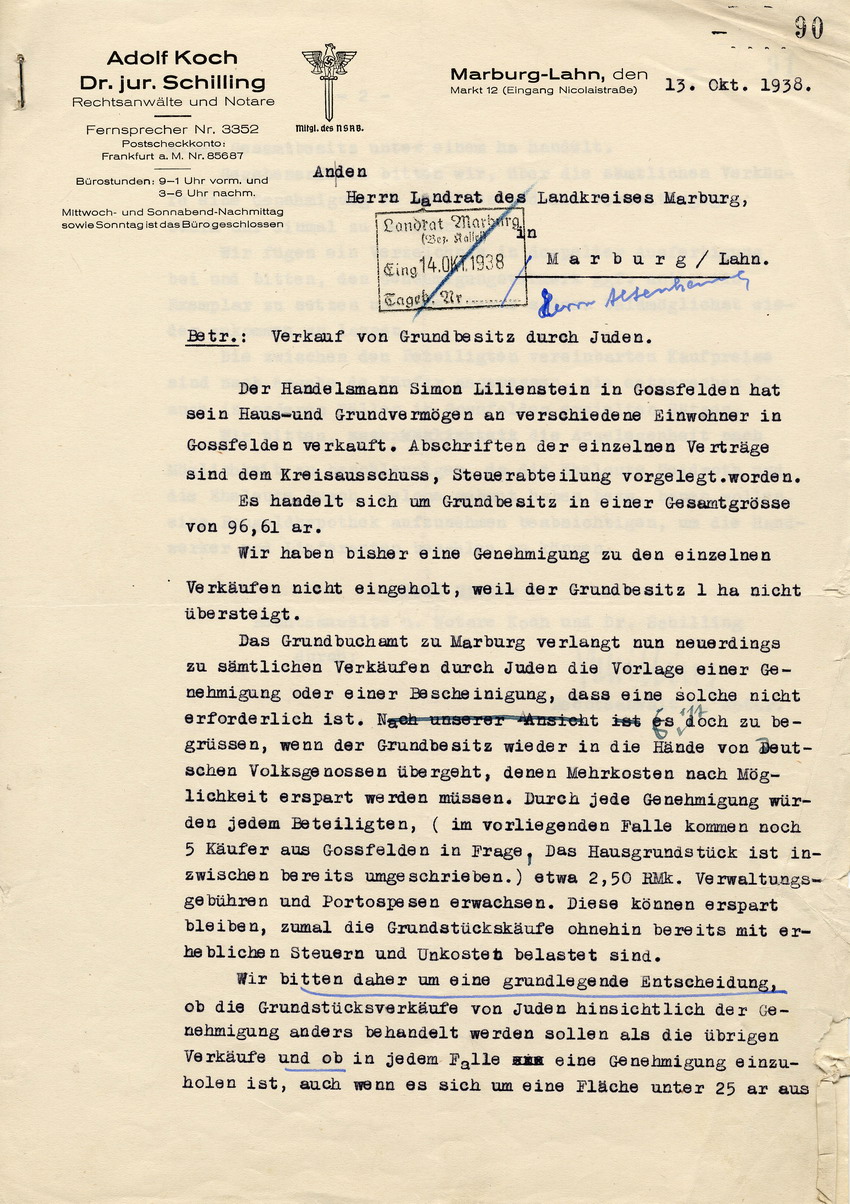 Schreiben des RA Schillings an den Landrat in Marburg betr. die Meldepflicht bei Grundstücksverkäufen aus jüdischer Hand, Marburg, 13. Oktober 1938.