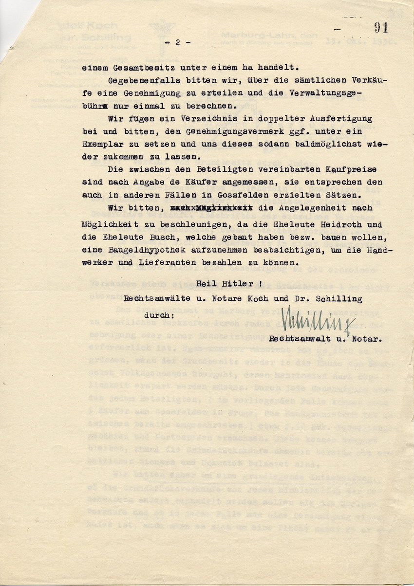 Schreiben des RA Schillings an den Landrat in Marburg betr. die Meldepflicht bei Grundstücksverkäufen aus jüdischer Hand, Marburg, 13. Oktober 1938.