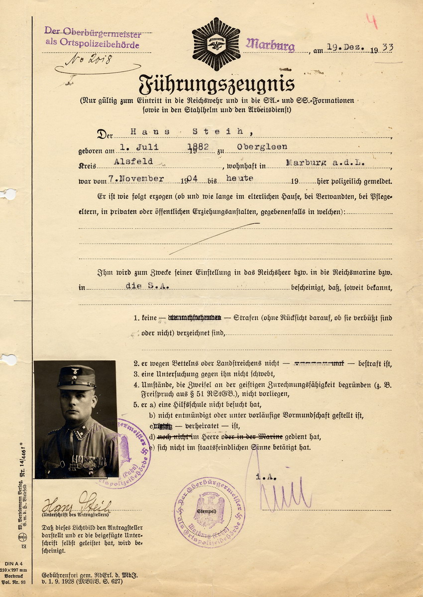 Führungszeugnis von Hans Steih, ausgestellt vom Oberbürgermeister als Ortspolizeibehörde. Marburg, 19. Dezember 1933