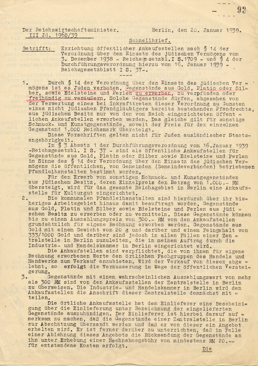 Schnellbrief des Reichswirtschaftsministers betr. das Verbot für Juden,  An- und Verkaufsgeschäfte mit Edelmetallen zu tätigen, 25. Januar 1939.
