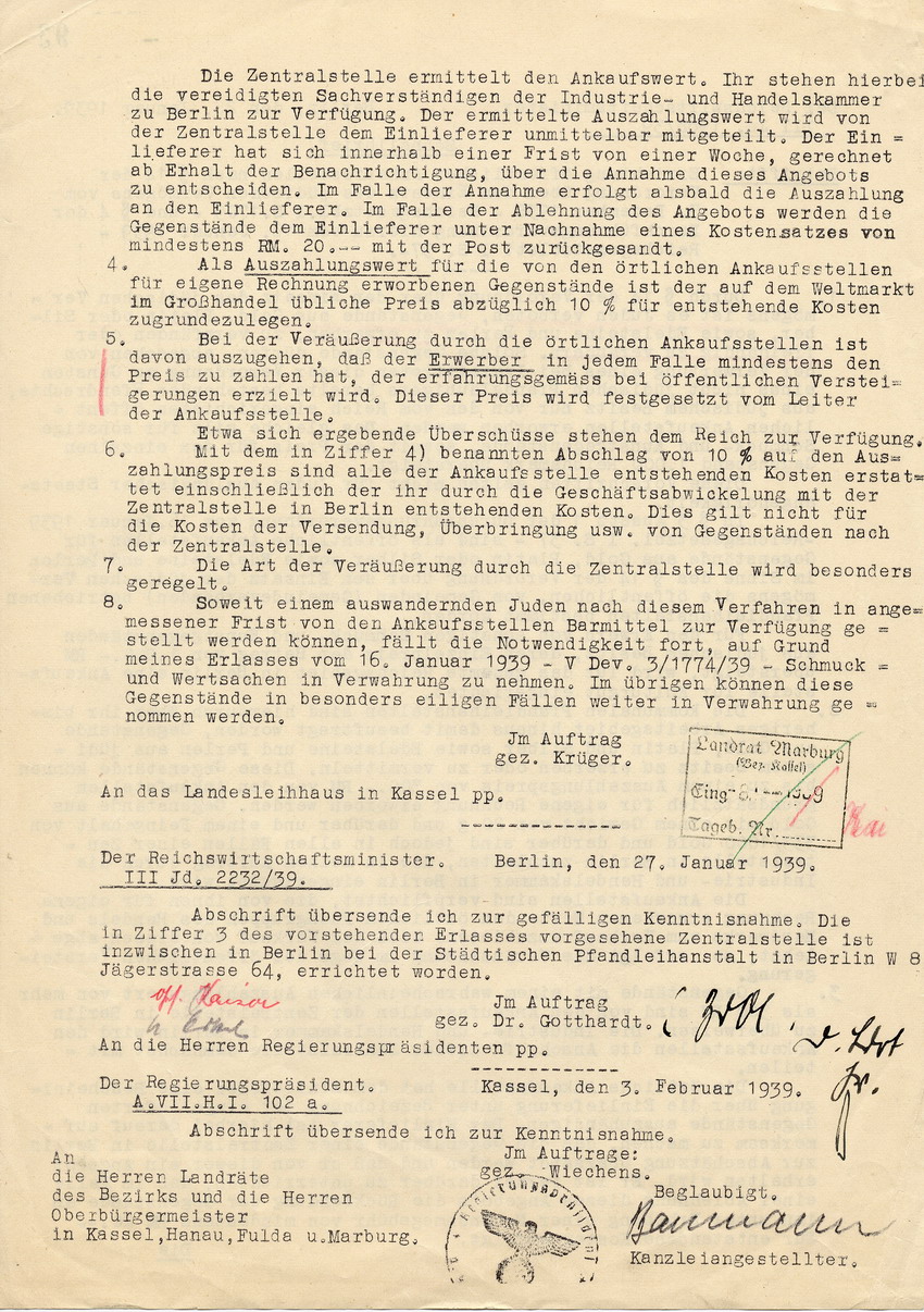 Schnellbrief des Reichswirtschaftsministers betr. das Verbot für Juden,  An- und Verkaufsgeschäfte mit Edelmetallen zu tätigen, 25. Januar 1939.