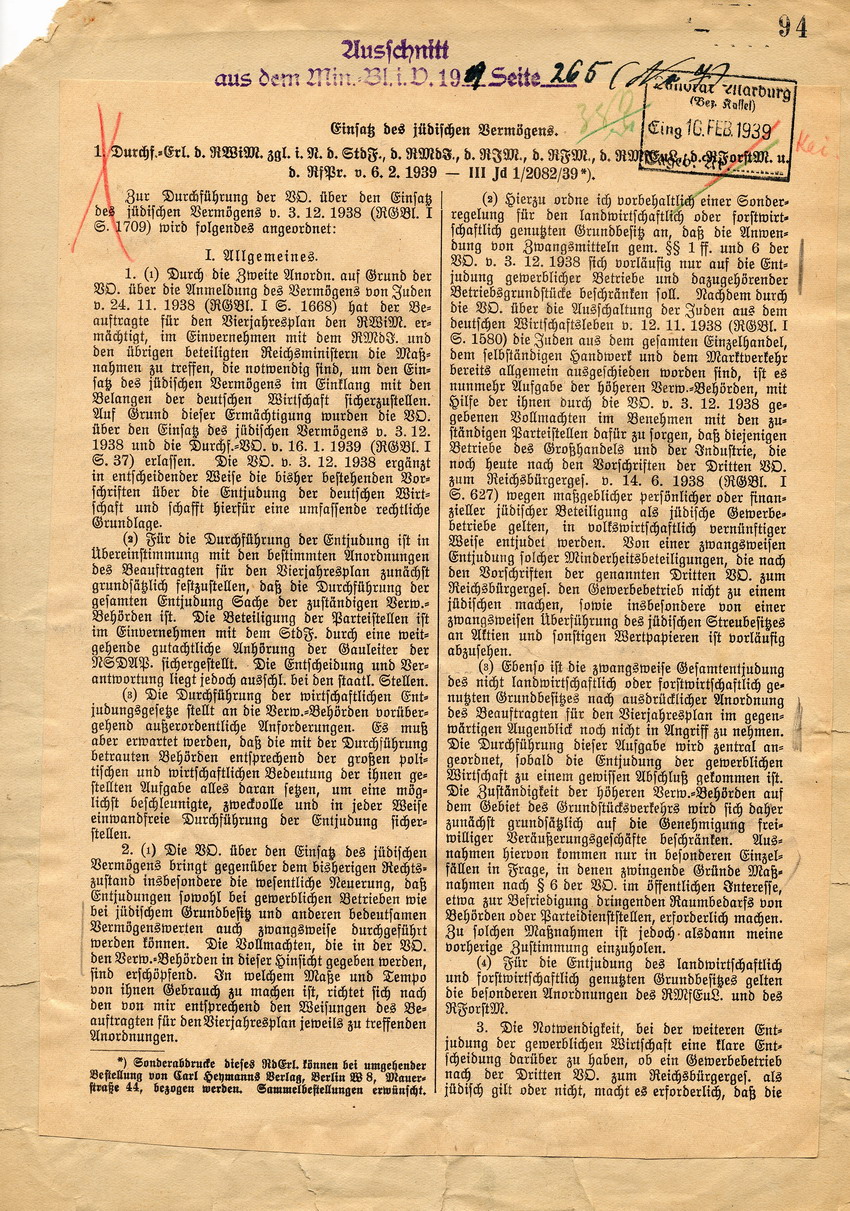 Durchführungserlass des Reichswirtschaftsministeriums betr. den Einsatz des jüdischen Vermögens, 06. Februar 1939.