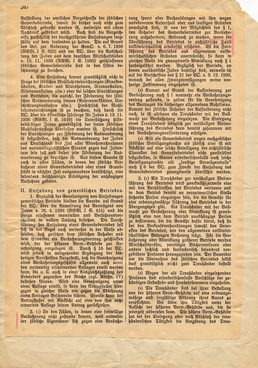 Durchführungserlass des Reichswirtschaftsministeriums betr. den Einsatz des jüdischen Vermögens, 06. Februar 1939.