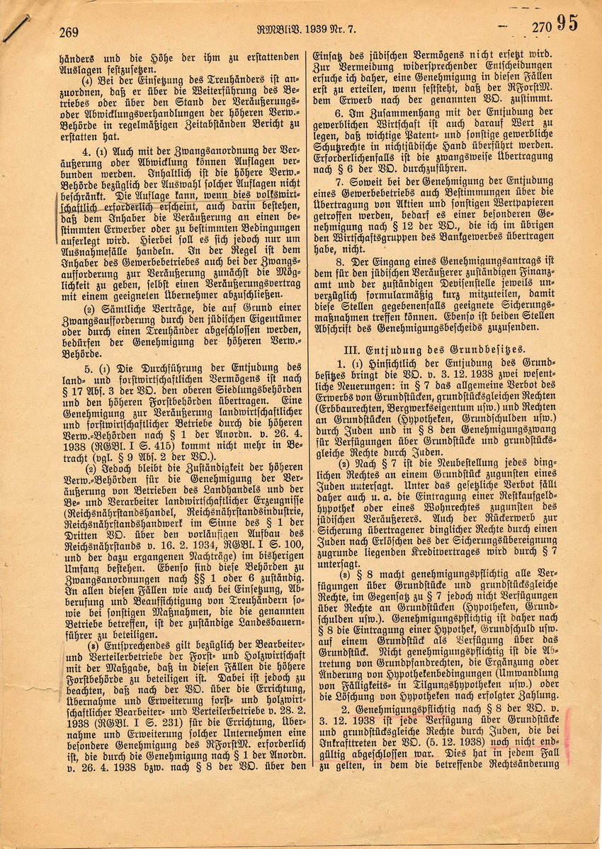 Durchführungserlass des Reichswirtschaftsministeriums betr. den Einsatz des jüdischen Vermögens, 06. Februar 1939.