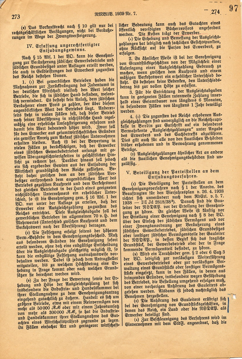 Durchführungserlass des Reichswirtschaftsministeriums betr. den Einsatz des jüdischen Vermögens, 06. Februar 1939.