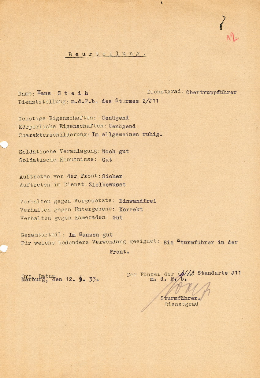 Beurteilung Hans Steihs durch den Führer der Standarte J11. Marburg, 12. September 1933