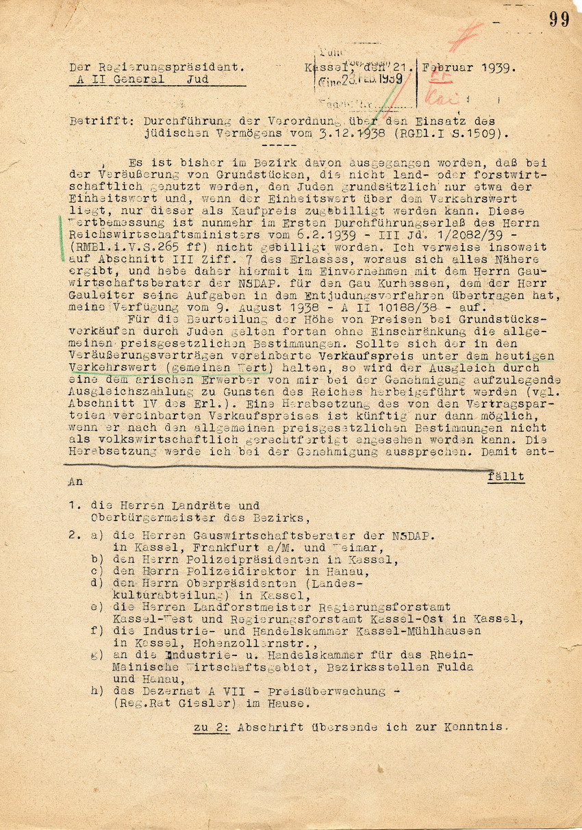 Schreiben des Regierungspräsidenten in Kassel von Monbart u.a. an die Landräte und Oberbürgermeister des Bezirks Kassel betr. den Durchführungserlass des Reichswirtschaftsministers über den Einsatz jüdischen Vermögens vom 06.02.1939, 21. Februar 1939.