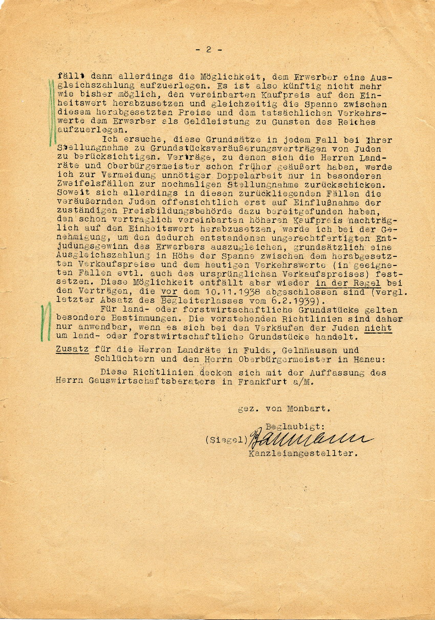 Schreiben des Regierungspräsidenten in Kassel von Monbart u.a. an die Landräte und Oberbürgermeister des Bezirks Kassel betr. den Durchführungserlass des Reichswirtschaftsministers über den Einsatz jüdischen Vermögens vom 06.02.1939, 21. Februar 1939.