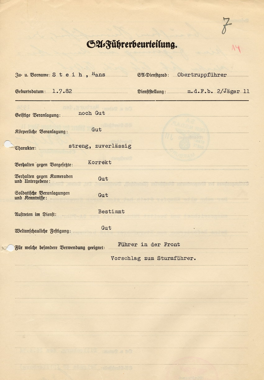SA-Führerbeurteilung Hans Steihs durch die SA der NSDAP Standarte J11 Marburg und die SA der NSDAP Brigade Dillenburg. Marburg/Dillenburg 26. April 1934