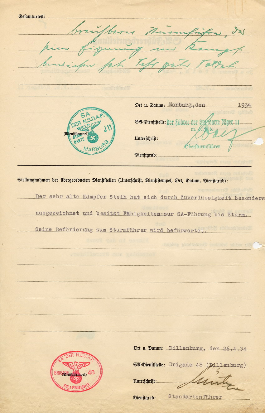 SA-Führerbeurteilung Hans Steihs durch die SA der NSDAP Standarte J11 Marburg und die SA der NSDAP Brigade Dillenburg. Marburg/Dillenburg 26. April 1934