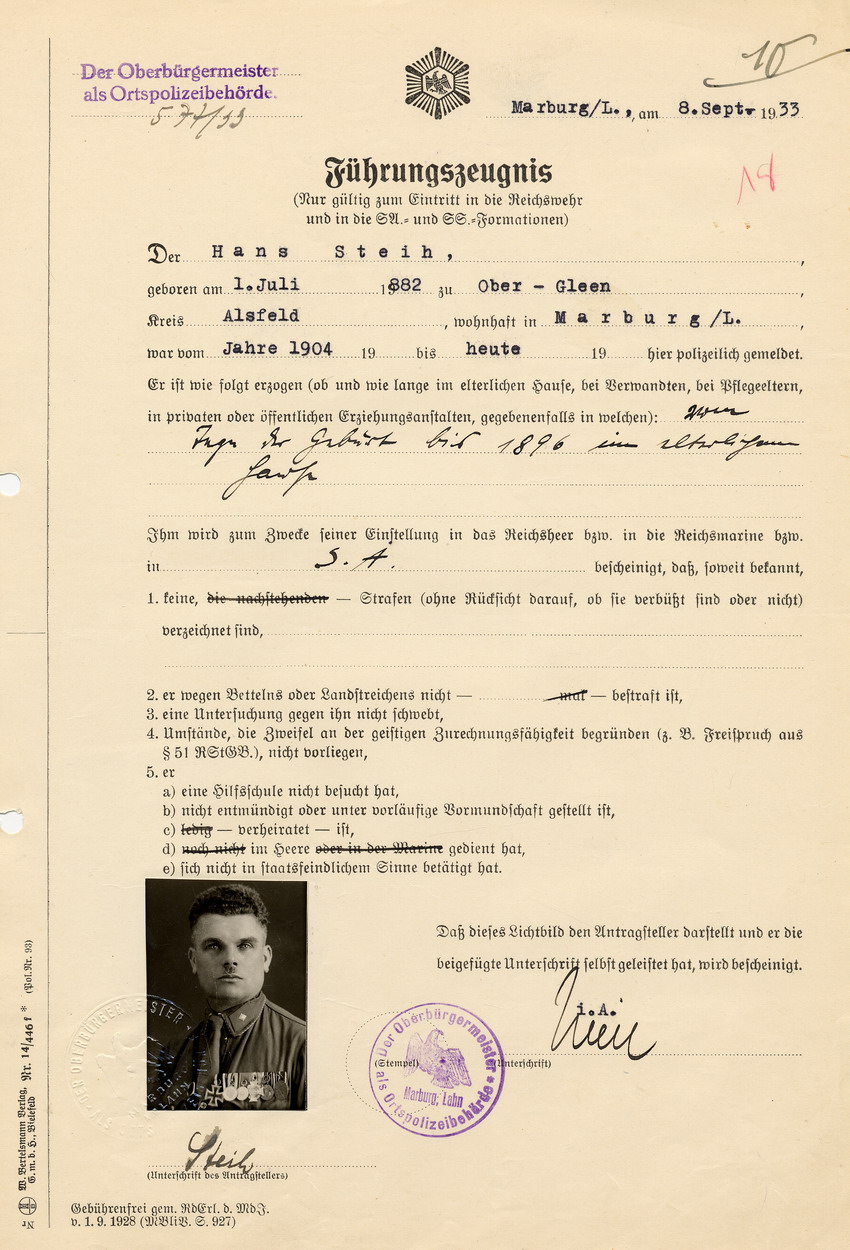 Führungszeugnis von Hans Steih, ausgestellt vom Oberbürgermeister als Ortspolizeibehörde. Marburg, 08. September 1933