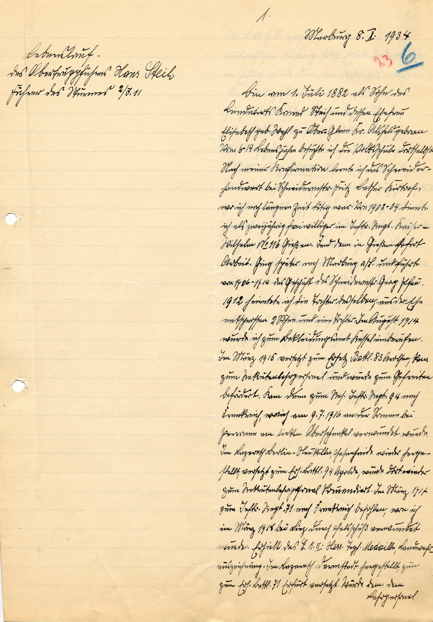 Lebenslauf Hans Steihs, Marburg 08. Januar 1934