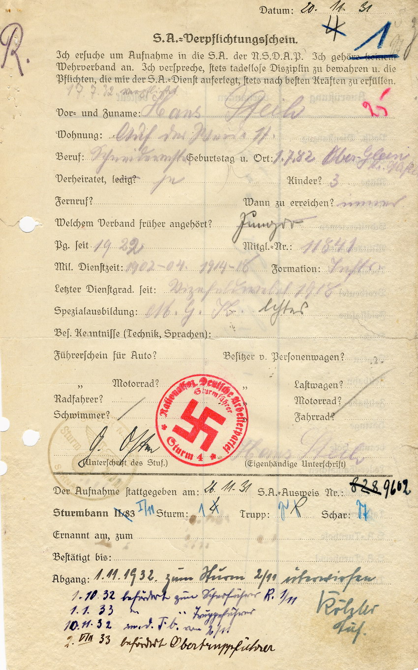 SA-Verpflichtungsschein von Hans Steih. 20.11.1931