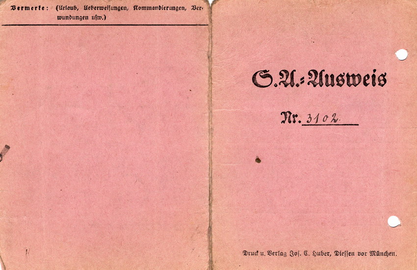 SA Ausweis, Nr. 3102 von Hans Steih, ausgestellt am 15. Januar 1934. SA der NSDAP, Sturmbann I/J11 Marburg.