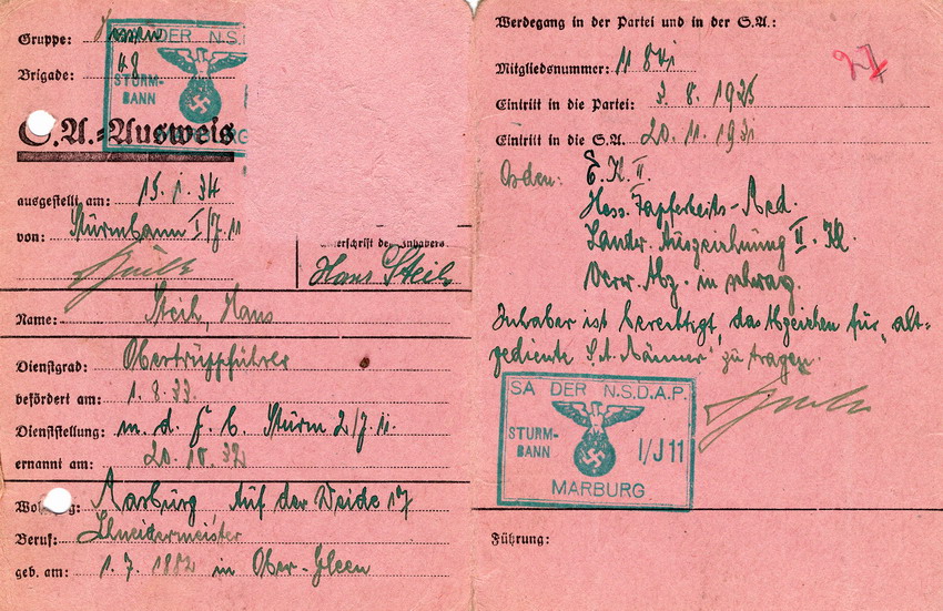 SA Ausweis, Nr. 3102 von Hans Steih, ausgestellt am 15. Januar 1934. SA der NSDAP, Sturmbann I/J11 Marburg.