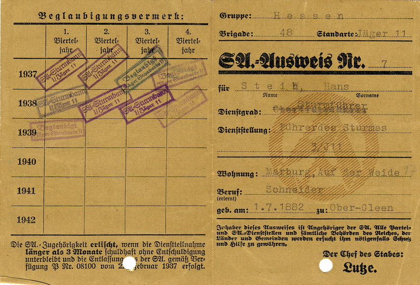 SA-Ausweis Hans Steihs, Gruppe Hessen, Brigade 48, Standarte Jäger 11, ausgestellt am 17. April 1937