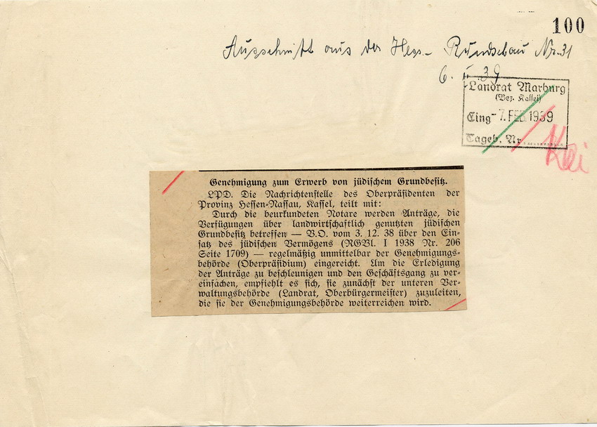 Ausschnitt aus der Hessischen Rundschau Nr. 31 betr. die Genehmigung zum Erwerb von jüdischen Grundbesitz, 06. Februar 1939.