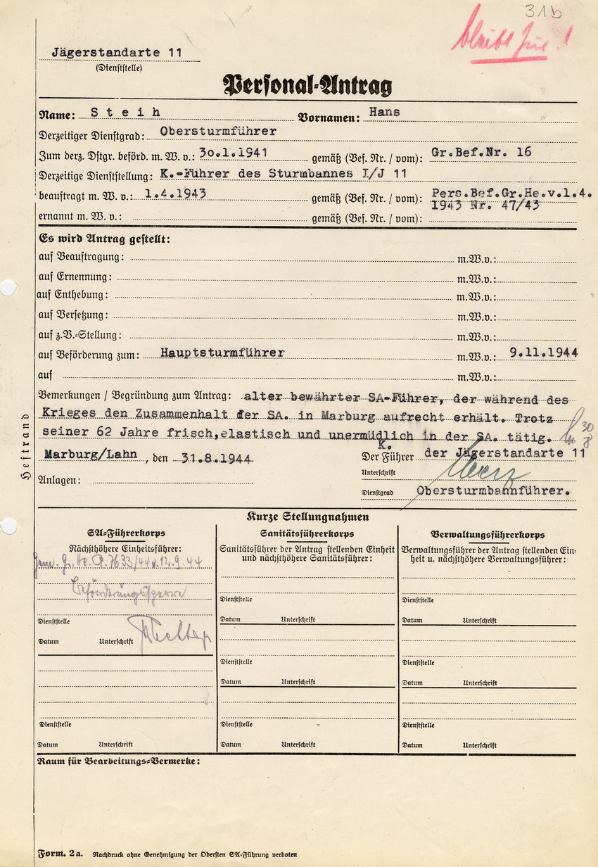 Personal-Antrag auf Beförderung des Obersturmführers Hans Steih zum Hauptsturmführer. Marburg, 31. August 1944