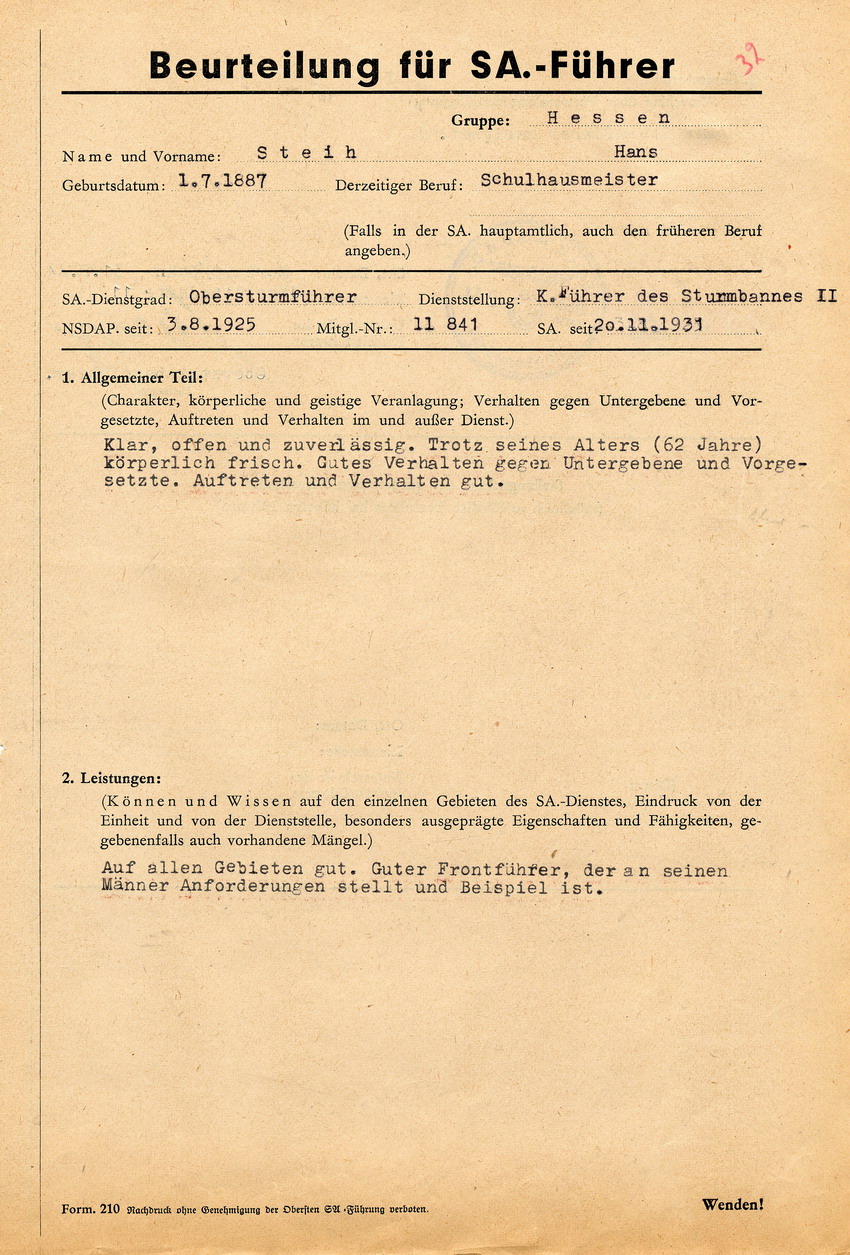 Beurteilung für SA-Führer: Obersturmführer Hans Steih. Marburg, 31. August 1944