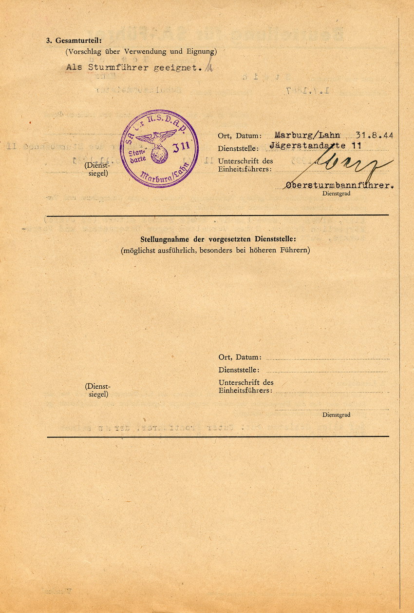 Beurteilung für SA-Führer: Obersturmführer Hans Steih. Marburg, 31. August 1944