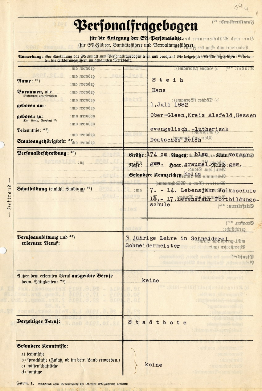 Personalfragebogen betreffend die Anlegung der SA-Personalakte Hans Steihs. Marburg, 01. Juni 1937
