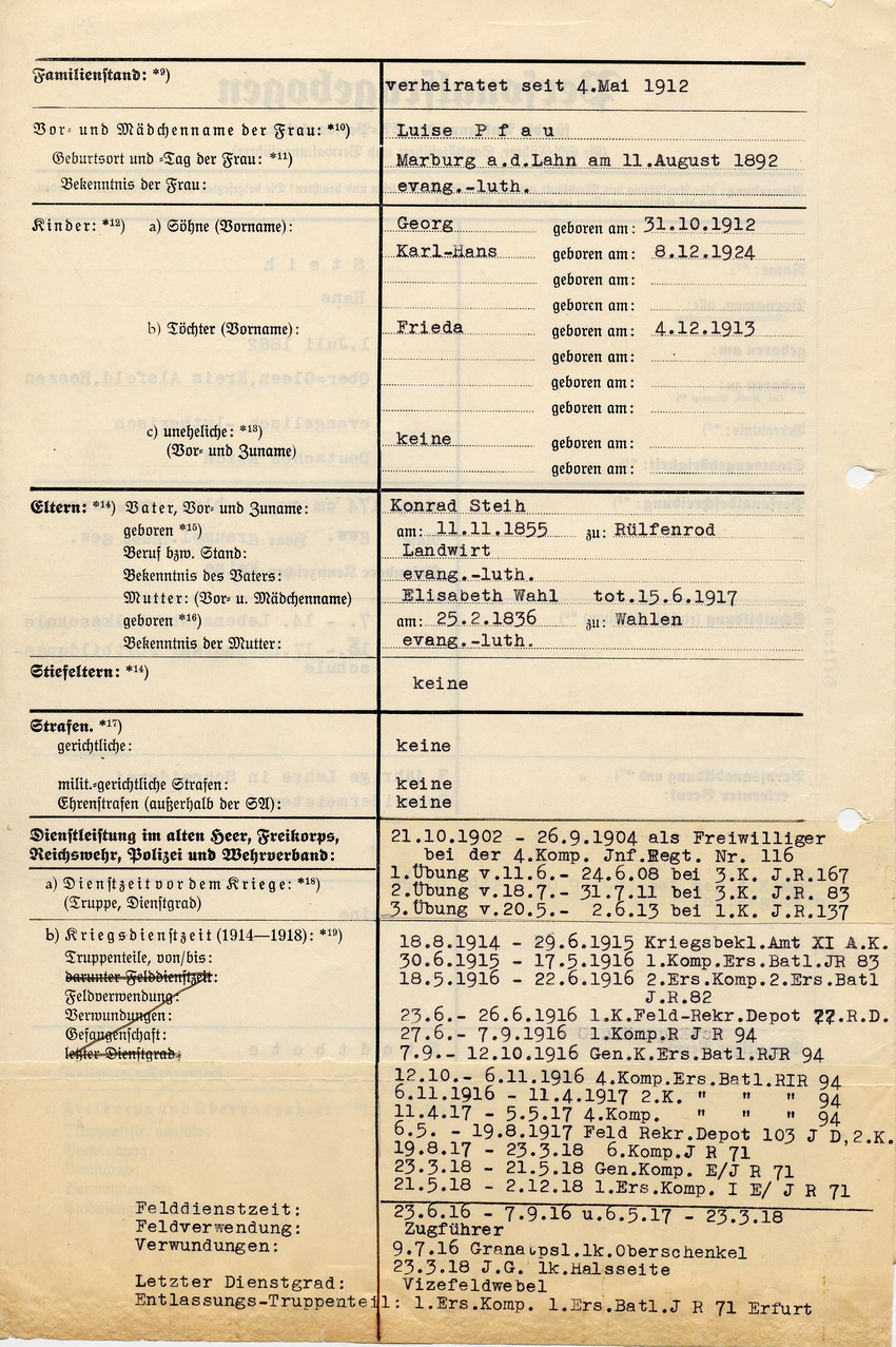 Personalfragebogen betreffend die Anlegung der SA-Personalakte Hans Steihs. Marburg, 01. Juni 1937