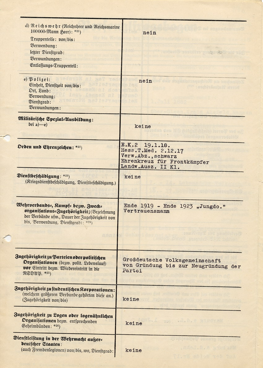 Personalfragebogen betreffend die Anlegung der SA-Personalakte Hans Steihs. Marburg, 01. Juni 1937