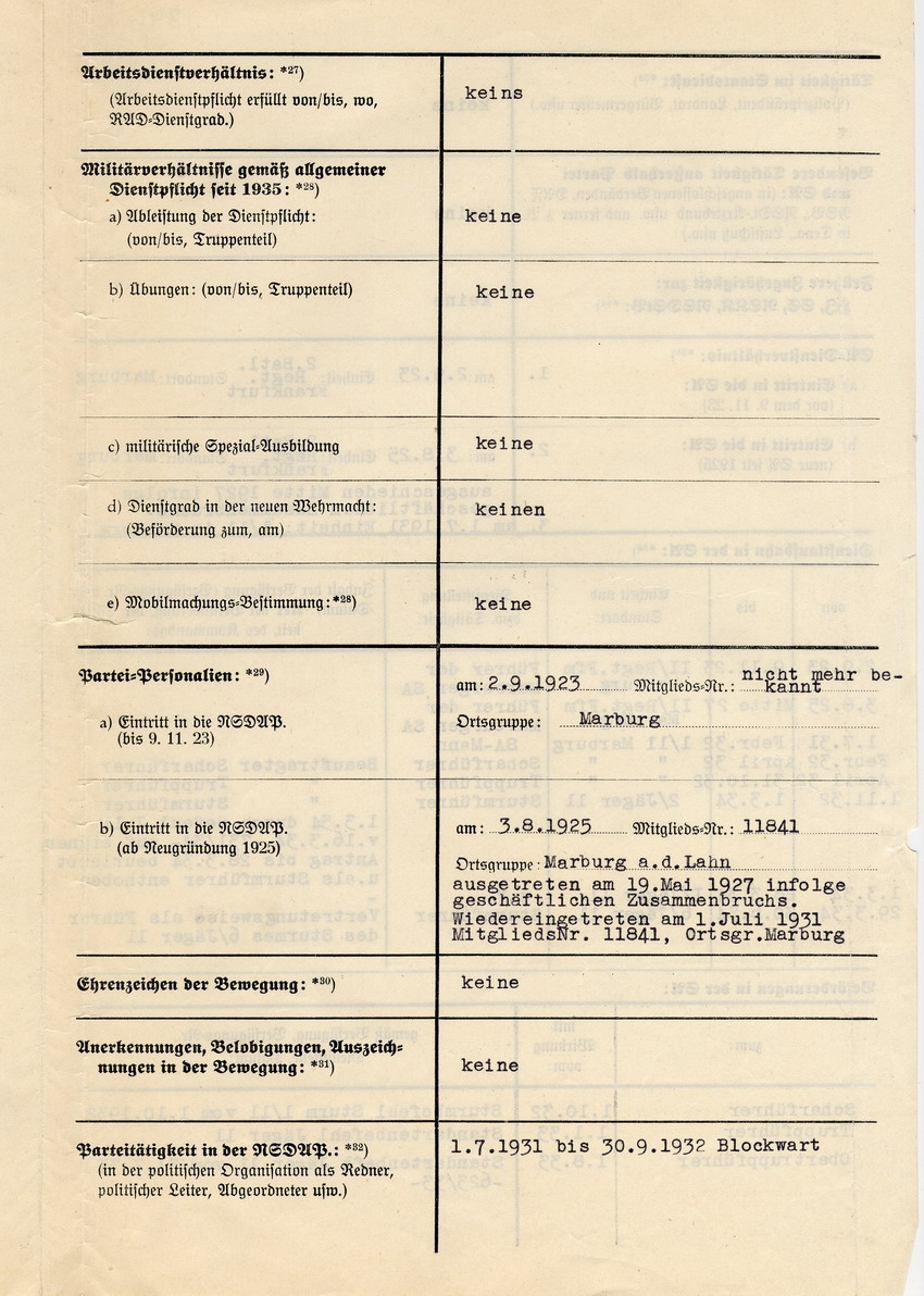 Personalfragebogen betreffend die Anlegung der SA-Personalakte Hans Steihs. Marburg, 01. Juni 1937