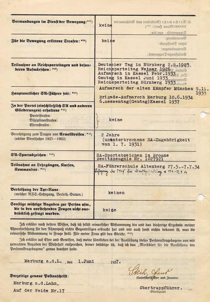 Personalfragebogen betreffend die Anlegung der SA-Personalakte Hans Steihs. Marburg, 01. Juni 1937