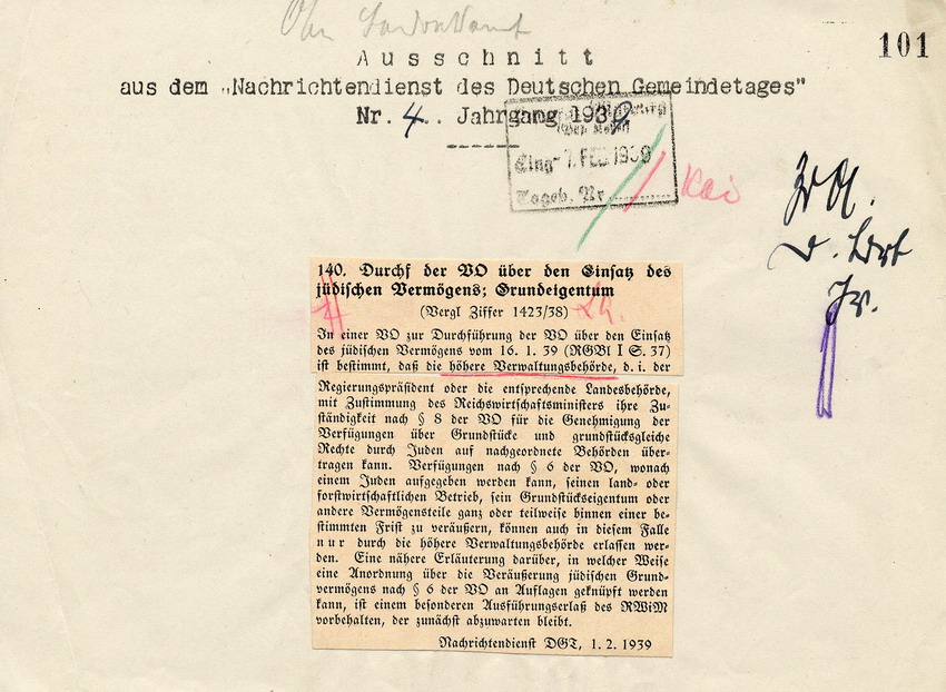 Ausschnitt aus dem Nachrichtendienst des Deutschen Gemeindetages betr. Behördenbefugnis bei Verfügungen zur Zwangsaufgabe jüdischen Grundbesitzes, 01. Februar 1939.
