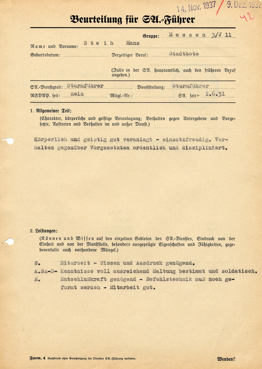 Führer der SA-Grupenschule Hessen betreffend die Beurteilung des SA-Führers Hans Steih. Frankfurt a.M., 10. Dezember 1937