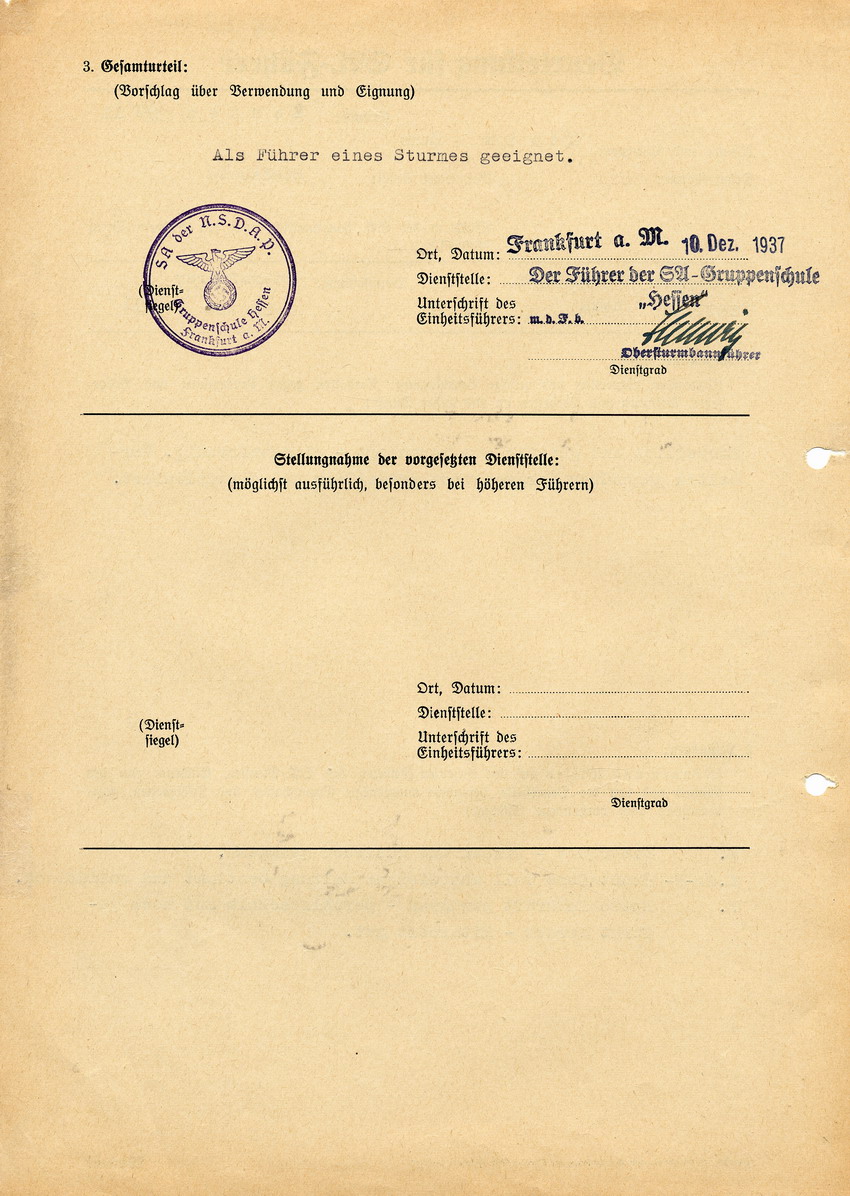 Führer der SA-Grupenschule Hessen betreffend die Beurteilung des SA-Führers Hans Steih. Frankfurt a.M., 10. Dezember 1937