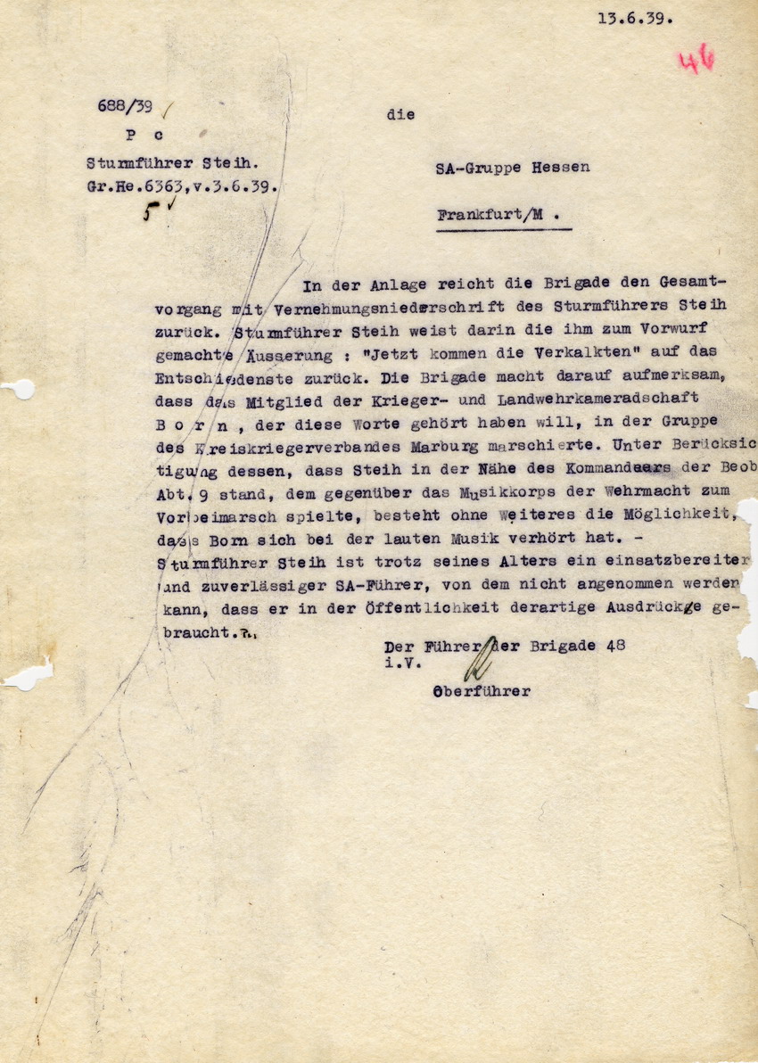 Der Führer der Brigade 48 an die SA-Gruppe Hessen betreffend Sturmführer Hans Steih. 13. Juni 1939