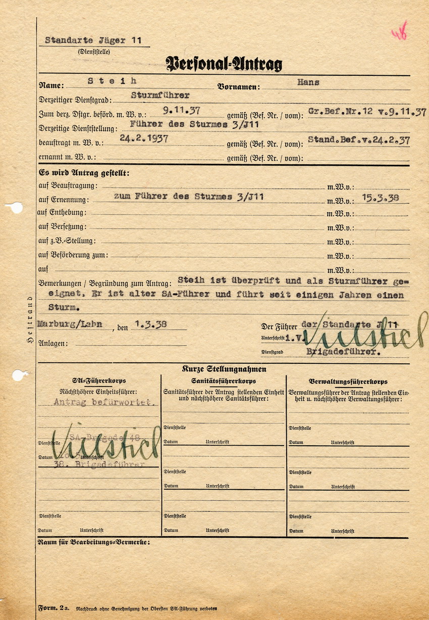 Führer der Standarte Jäger 11 betreffend den Personalantrag auf Ernennung Hans Steihs zum Führer des Sturmes 3/J11. Marburg, 01. März 1938