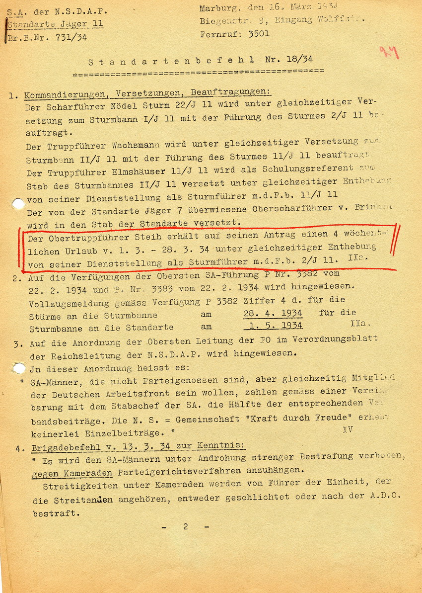 SA der NSDAP, Standarte Jäger 11 betreffend Standartenbefehl Nr. 18/34. Marburg, 16. März 1934