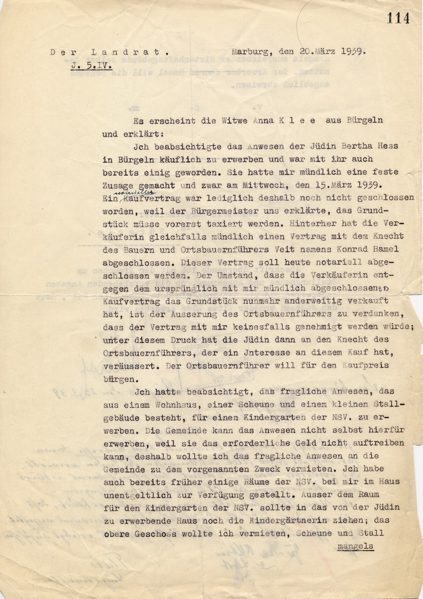 Schreiben des Landrates in Marburg an den Bürgermeister von Bürgeln betr. den Erwerbsstreit um das Anwesen der Jüdin Bertha Hess zwischen Anna Klee und Konrad Hamel, 20. März 1939.
