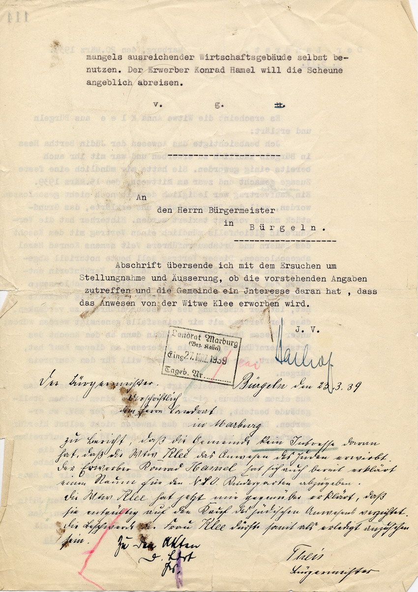 Schreiben des Landrates in Marburg an den Bürgermeister von Bürgeln betr. den Erwerbsstreit um das Anwesen der Jüdin Bertha Hess zwischen Anna Klee und Konrad Hamel, 20. März 1939.