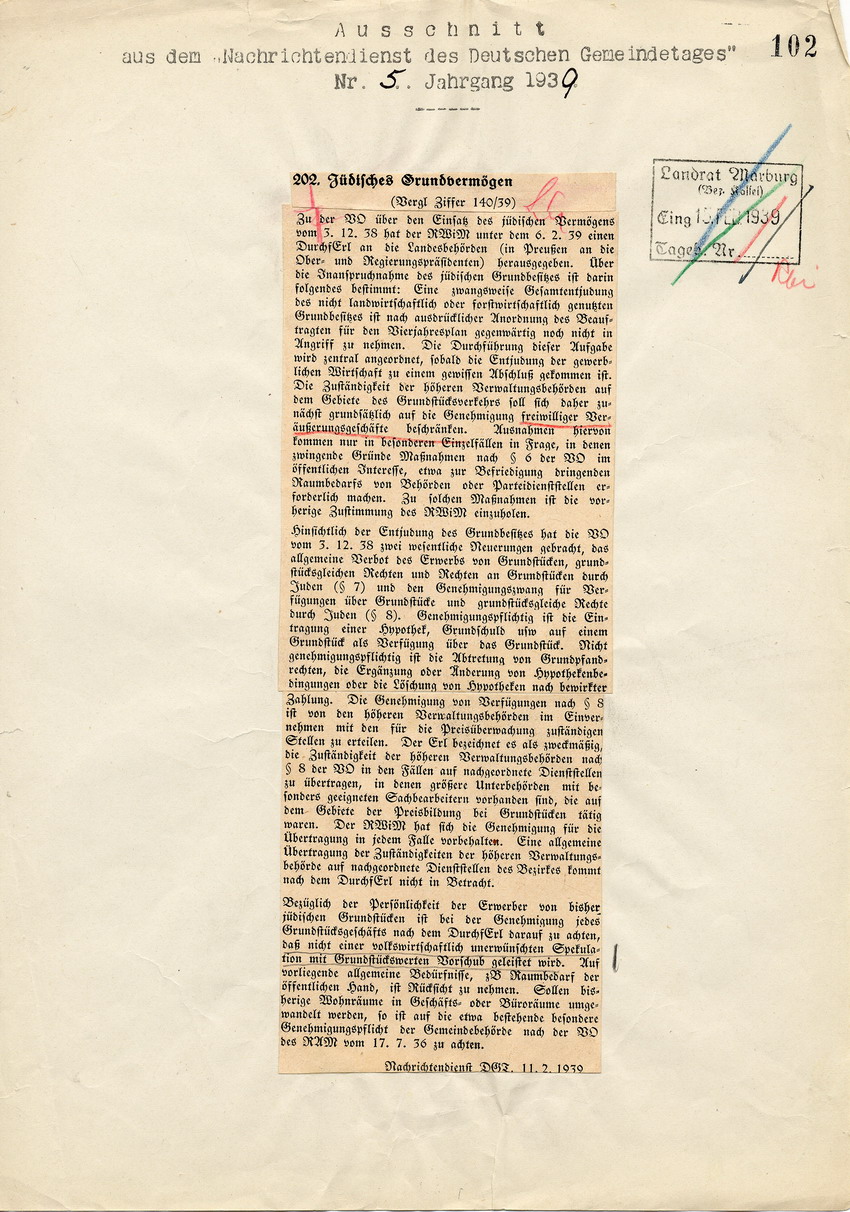 Ausschnitt aus dem Nachrichtendienst des Deutschen Gemeindetages betreffend "jüdisches Grundvermögen", 11. Februar 1939