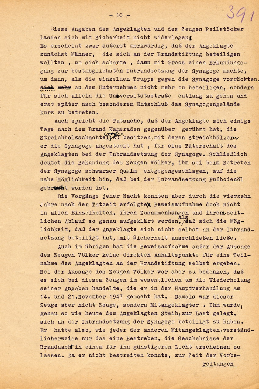 Urteil der großen Strafkammer des Landgerichts Marburg gegen den Schneidermeister Hans Steih wegen Brandstiftung, Landfriedensbruch und einfachen Hausfriedensbruchs. Marburg, 16. September 1952