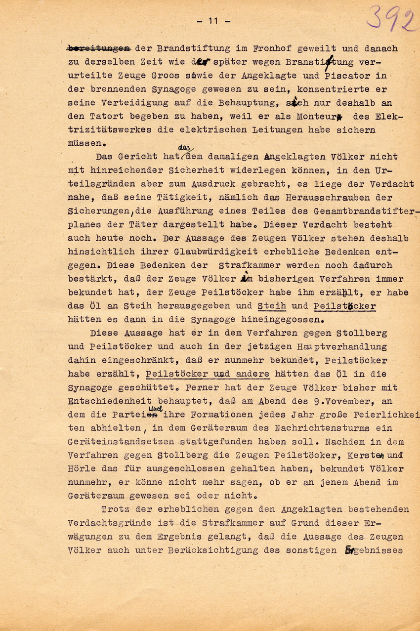 Urteil der großen Strafkammer des Landgerichts Marburg gegen den Schneidermeister Hans Steih wegen Brandstiftung, Landfriedensbruch und einfachen Hausfriedensbruchs. Marburg, 16. September 1952