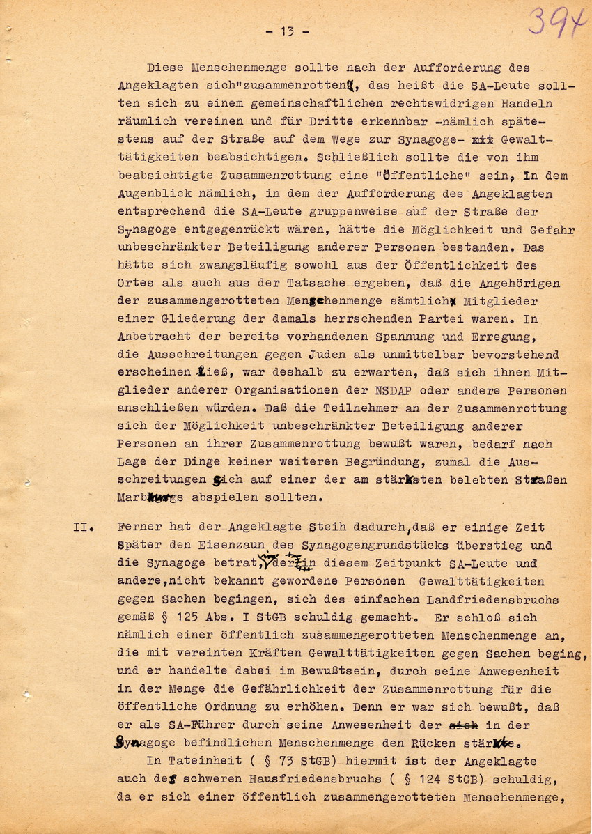 Urteil der großen Strafkammer des Landgerichts Marburg gegen den Schneidermeister Hans Steih wegen Brandstiftung, Landfriedensbruch und einfachen Hausfriedensbruchs. Marburg, 16. September 1952