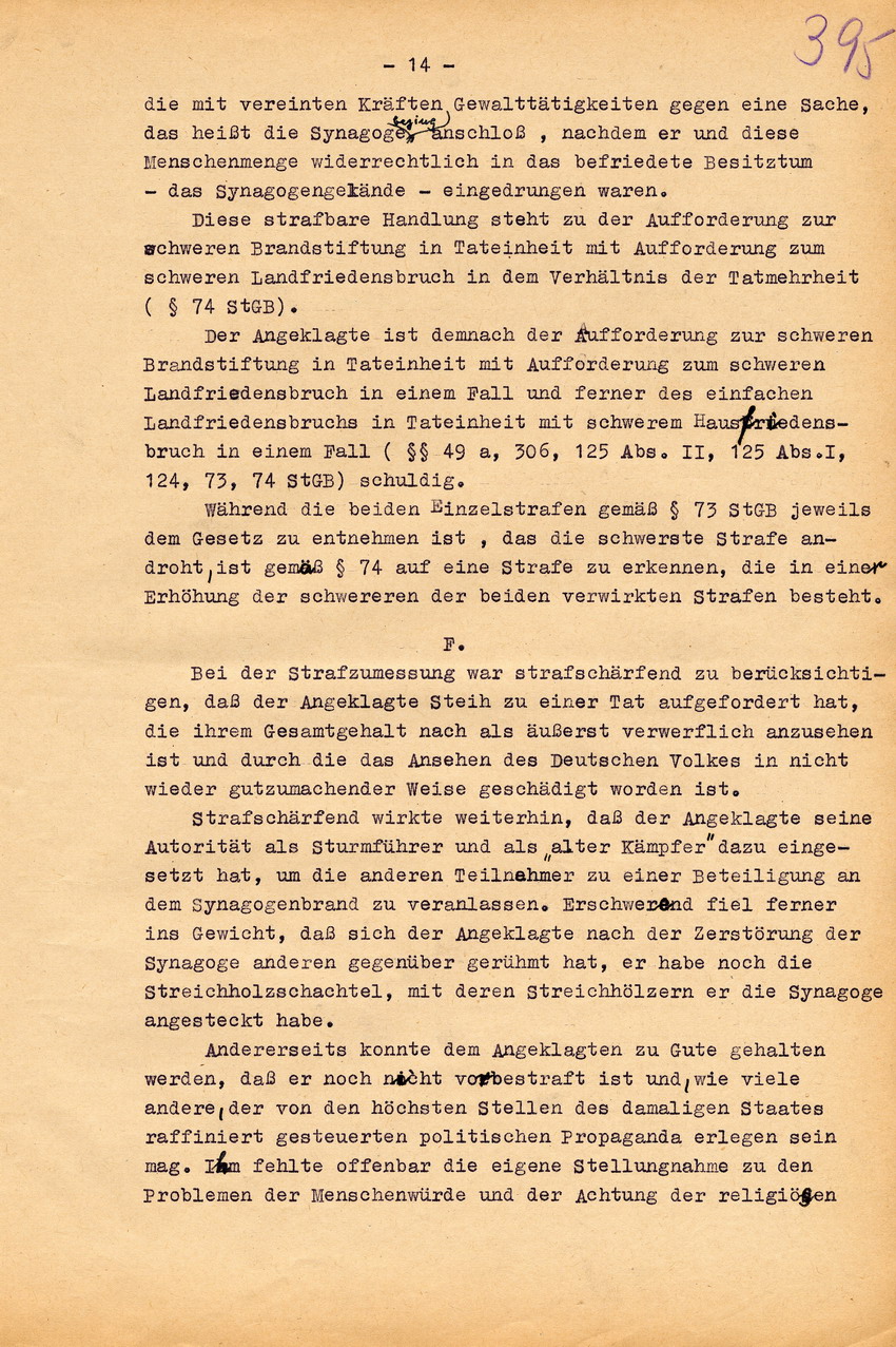 Urteil der großen Strafkammer des Landgerichts Marburg gegen den Schneidermeister Hans Steih wegen Brandstiftung, Landfriedensbruch und einfachen Hausfriedensbruchs. Marburg, 16. September 1952